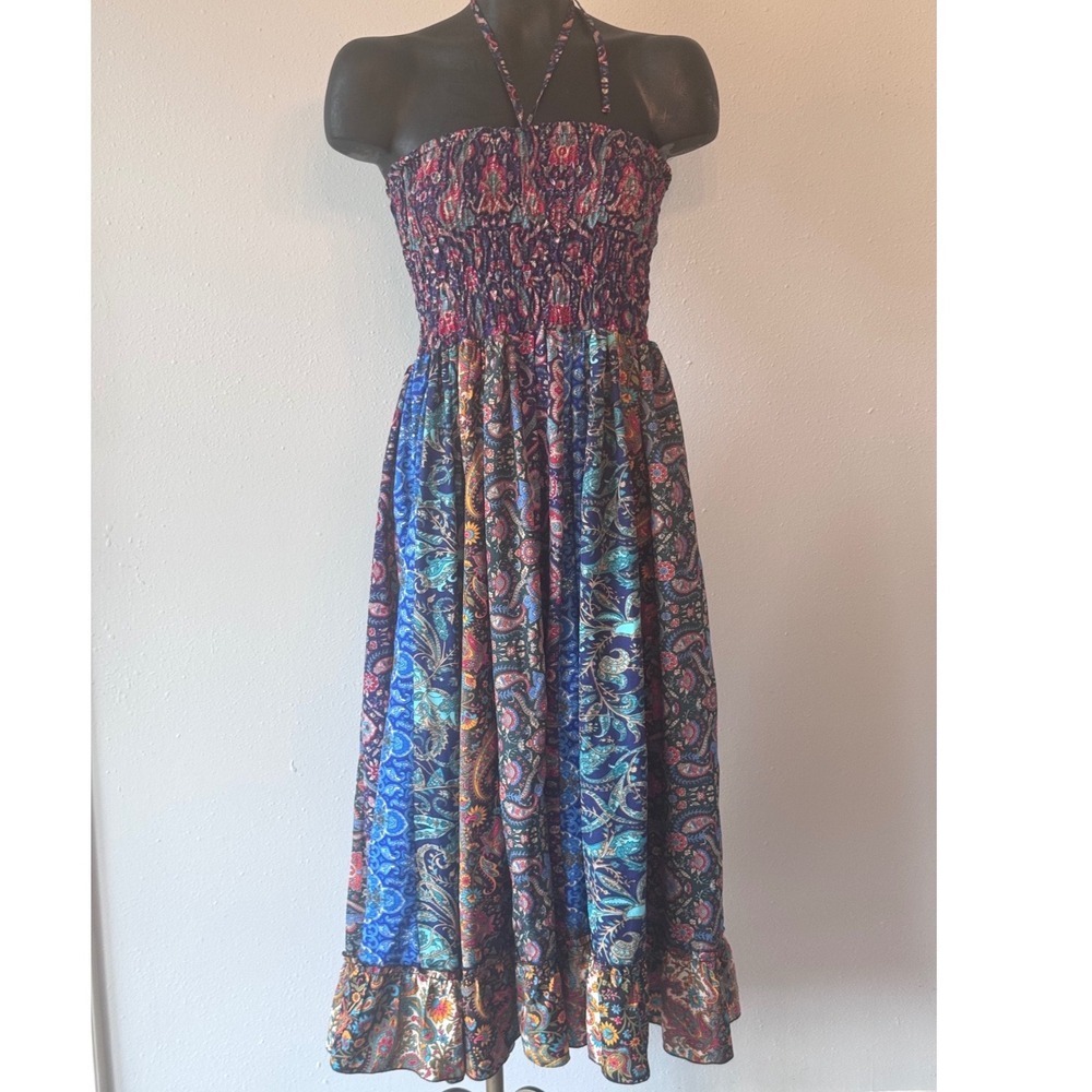 Earthbound Trading Co Paisley Patchwork Smocked Halter Midi Dress S Color Boho